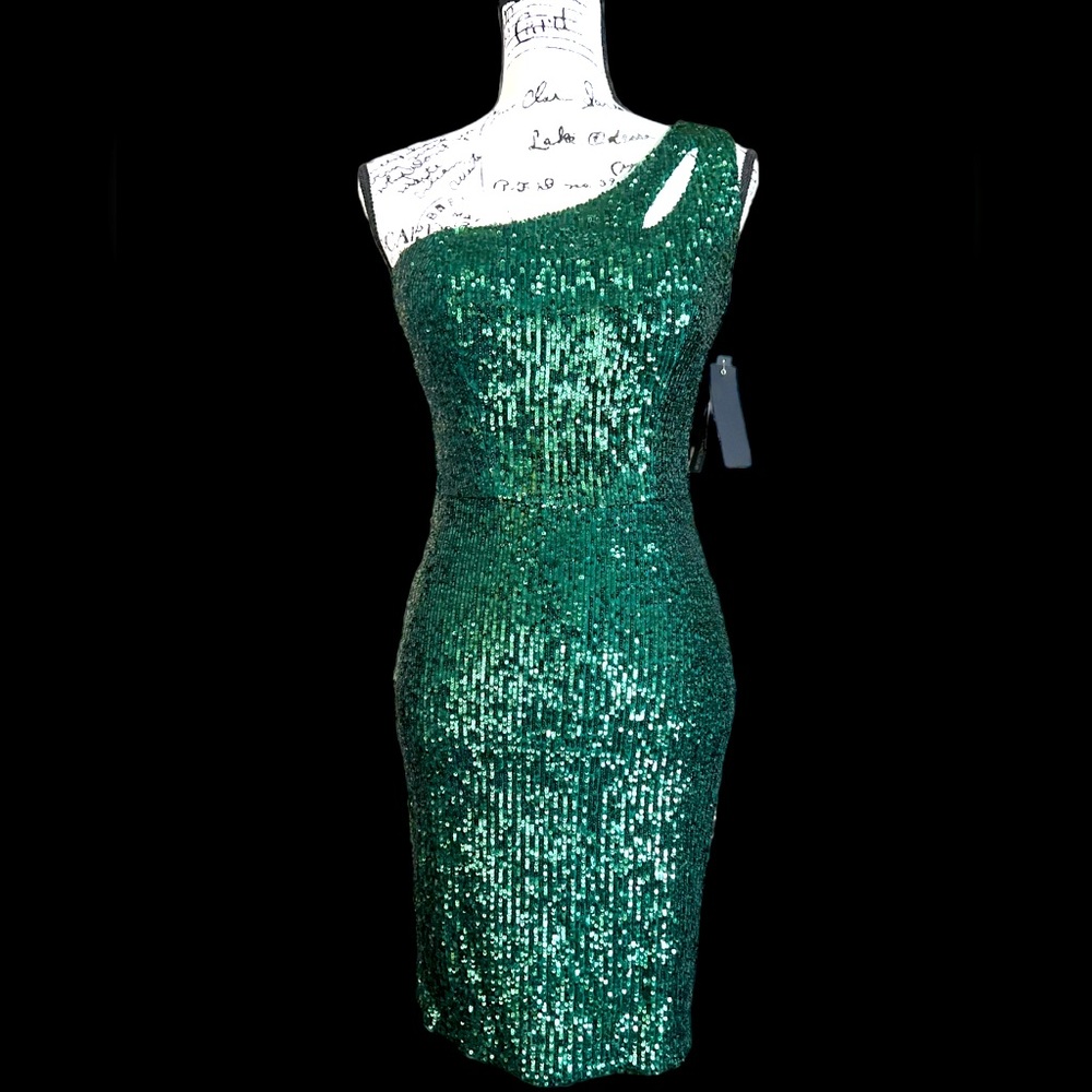 NWT AQUA One Shoulder sleeve SEQUINED DRESS